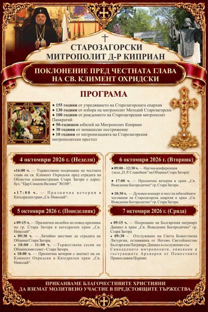 В Стара Загора посрещат честната глава на Св. Климент Охридски