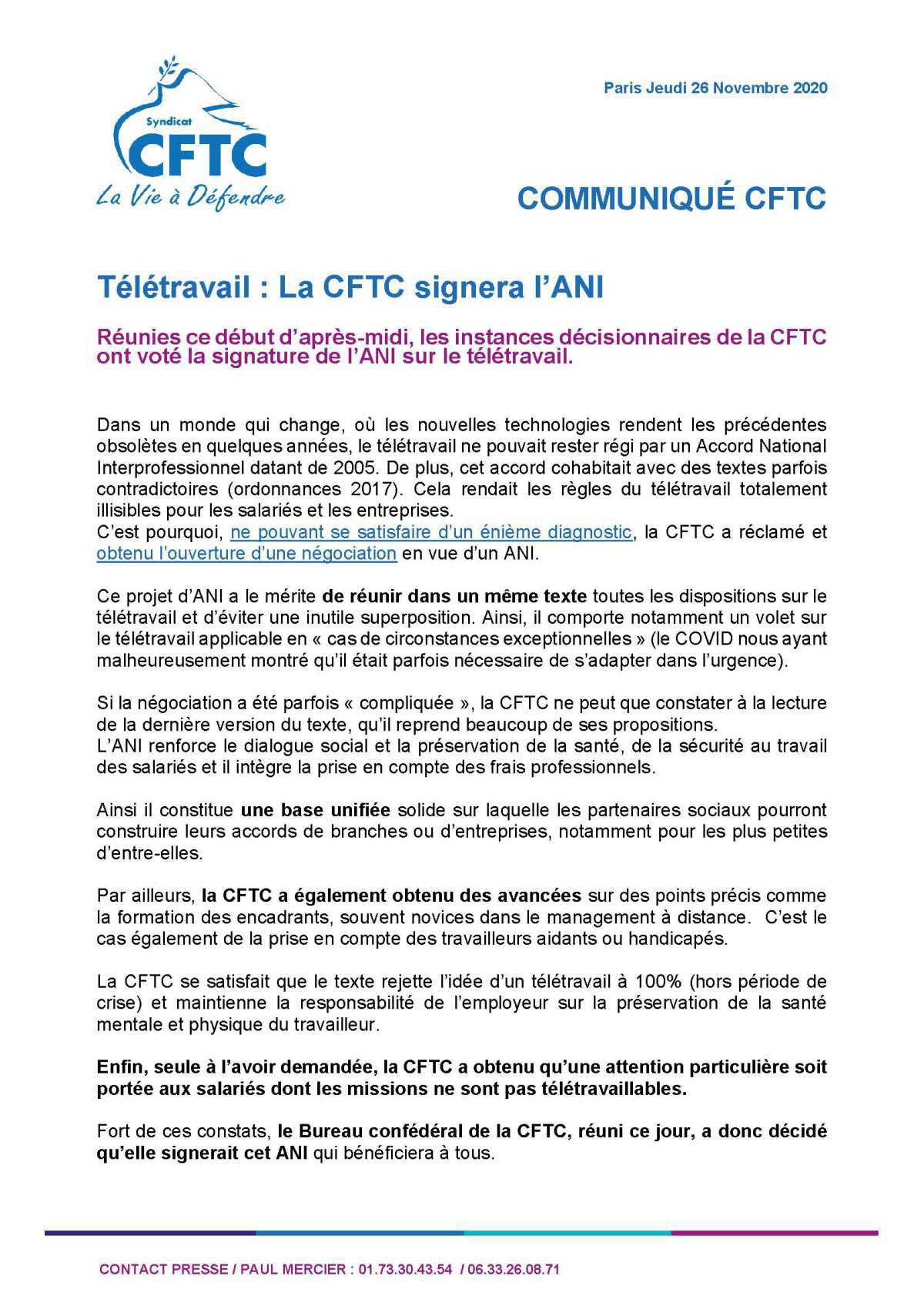 La CFTC signera l'ANI sur le Télétravail