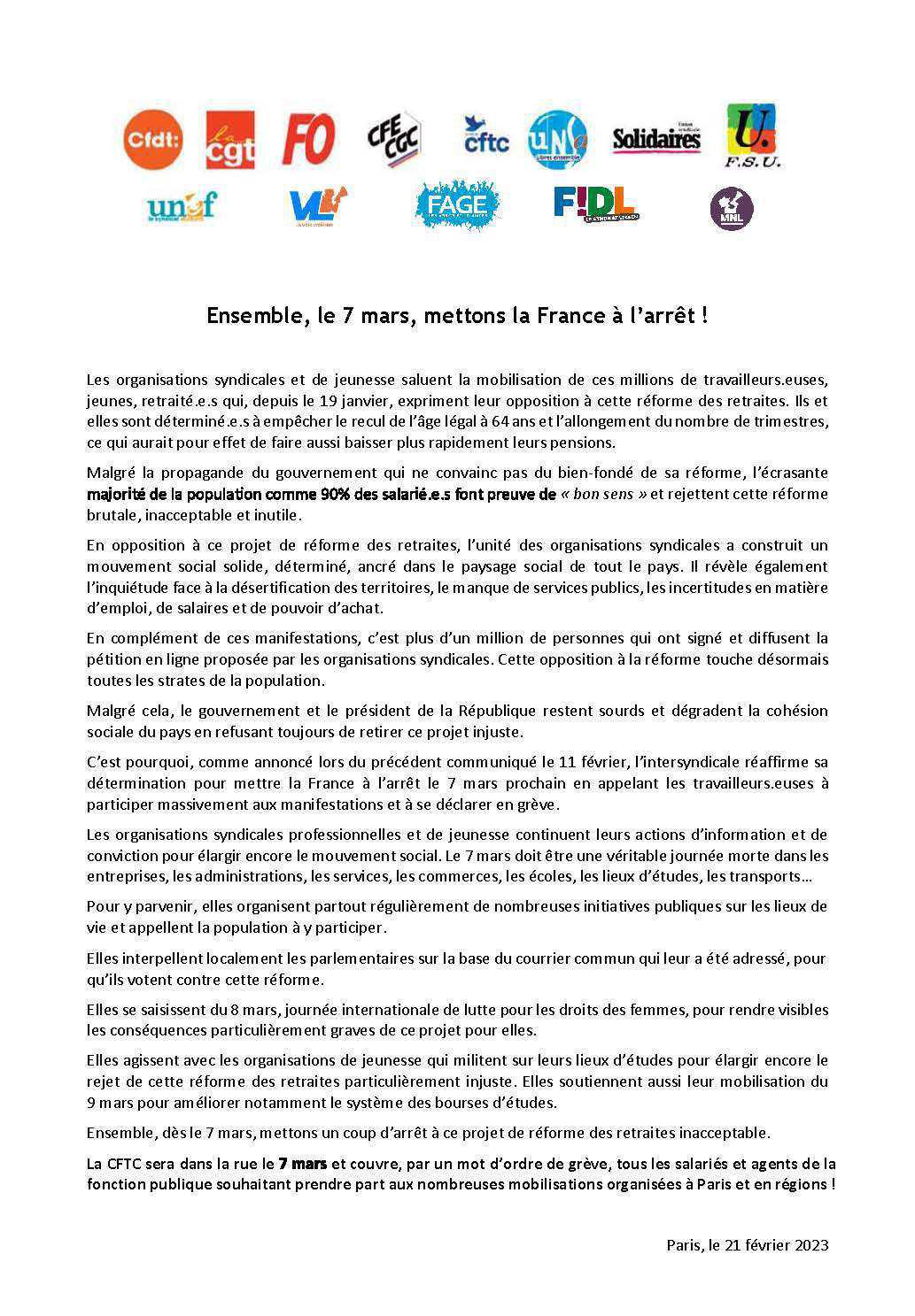 La France à l'arrêt le 7 mars prochain !!! La France à l'arrêt le 7 mars prochain !!!