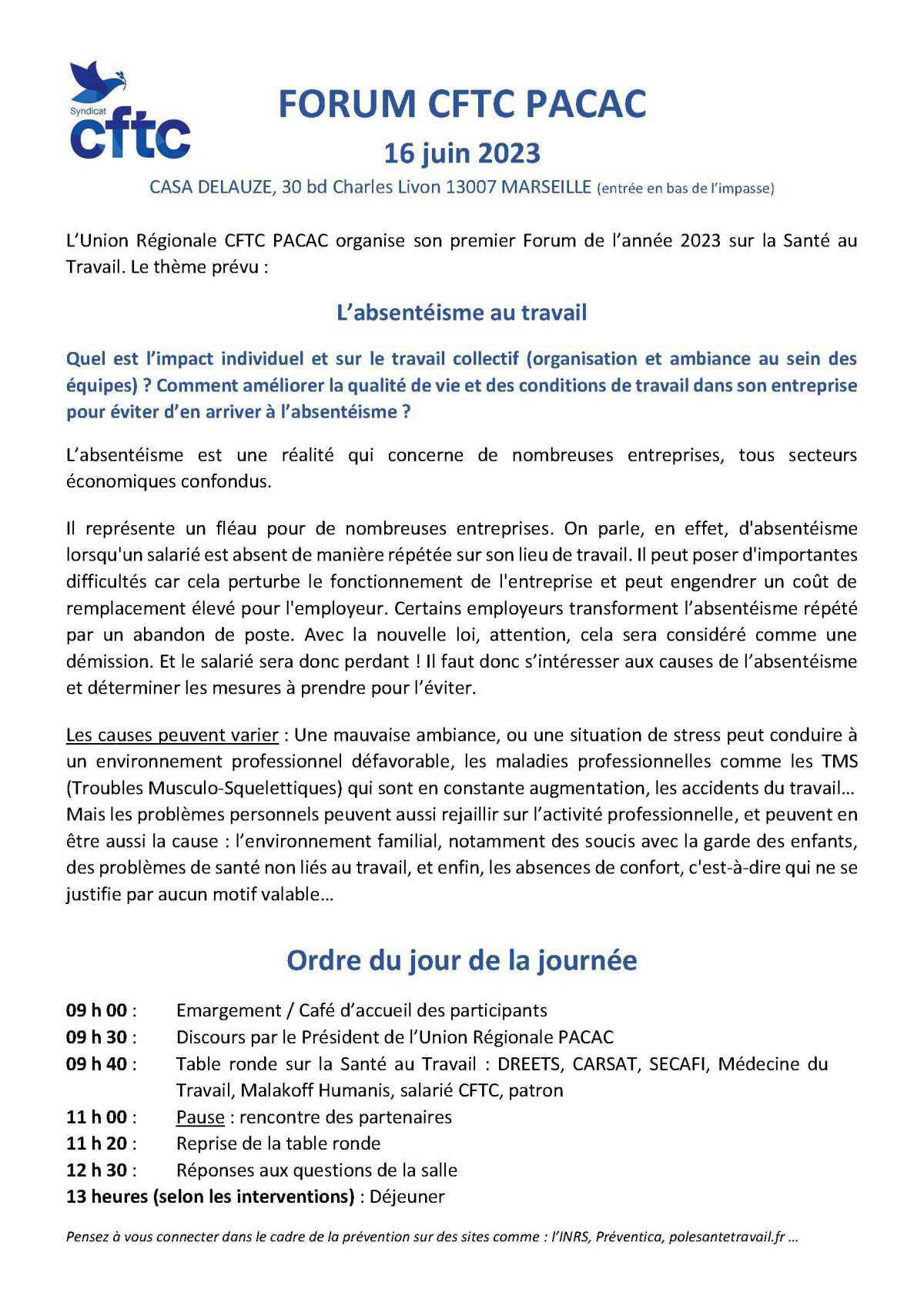 Forum Santé au Travail du 16 juin 2023 Forum Santé au Travail du 16 juin 2023