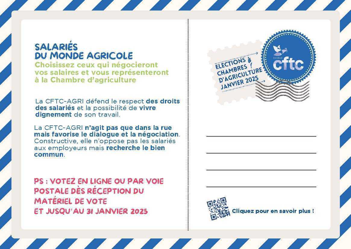 Salariés du monde agricole : Votez CFTC-AGRI, le syndicat qui dialogue ! Salariés du monde agricole : Votez CFTC-AGRI, le syndicat qui dialogue !