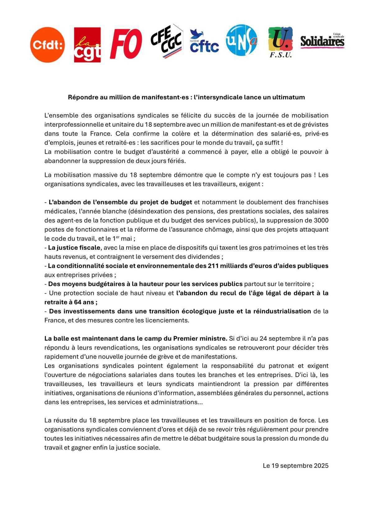 Répondre au million de manifestant·es : l’intersyndicale lance un ultimatum