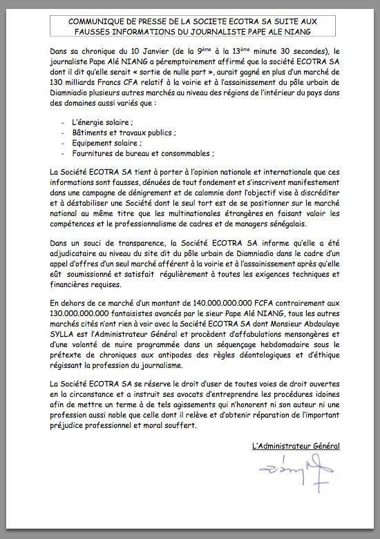 Abdoulaye Sylla, PDG de Ecotra, porte plainte contre Pape Alé Niang