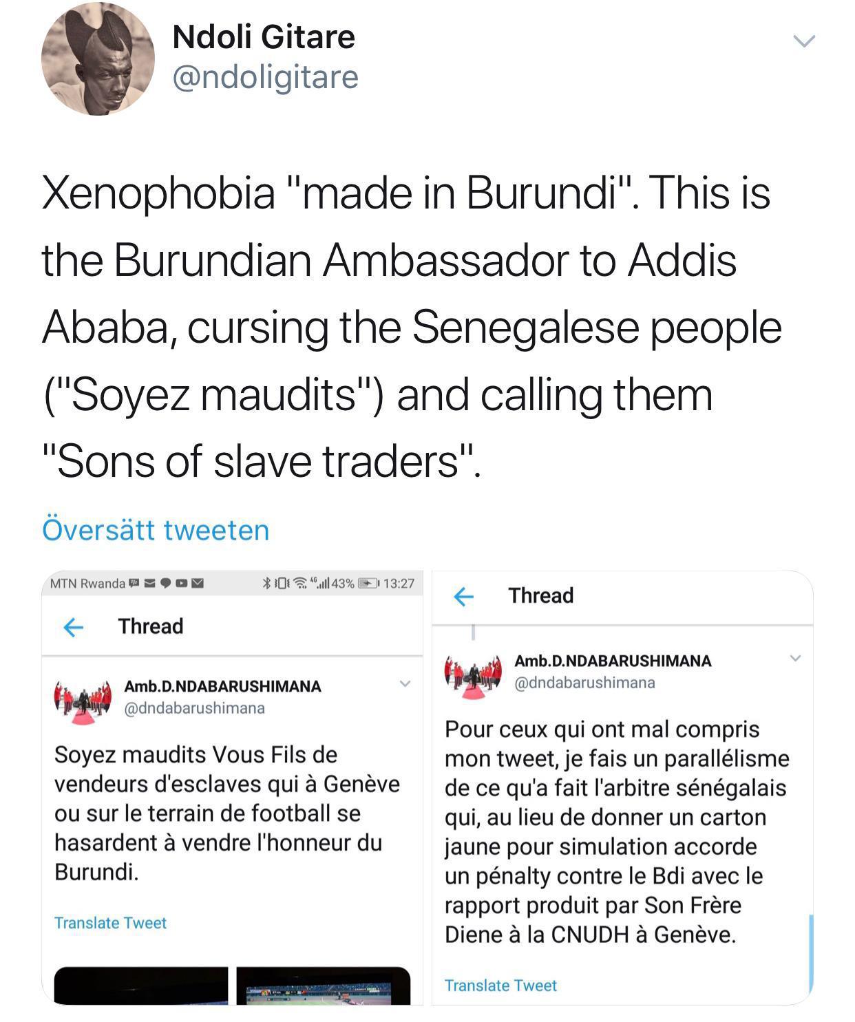 Un ambassadeur burundais insulte les Sénégalais sur Twitter