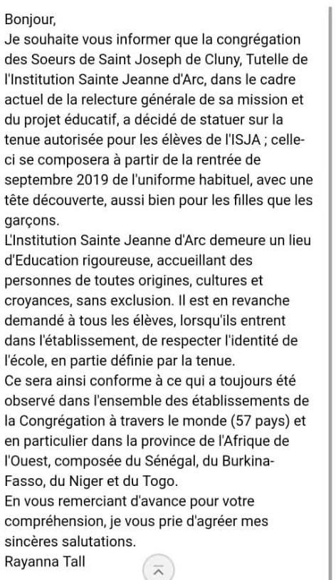 L’institution Jeanne d’Arc de Dakar interdit aux élèves voilées de rentrer dans l’Etablissement