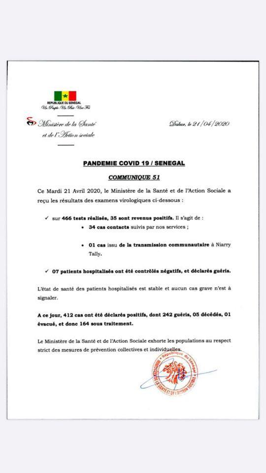 Résultats des examens virologiques du mardi 21 avril : 35 nouveaux cas positifs dont 34 contacts et 1 transmission communautaire
