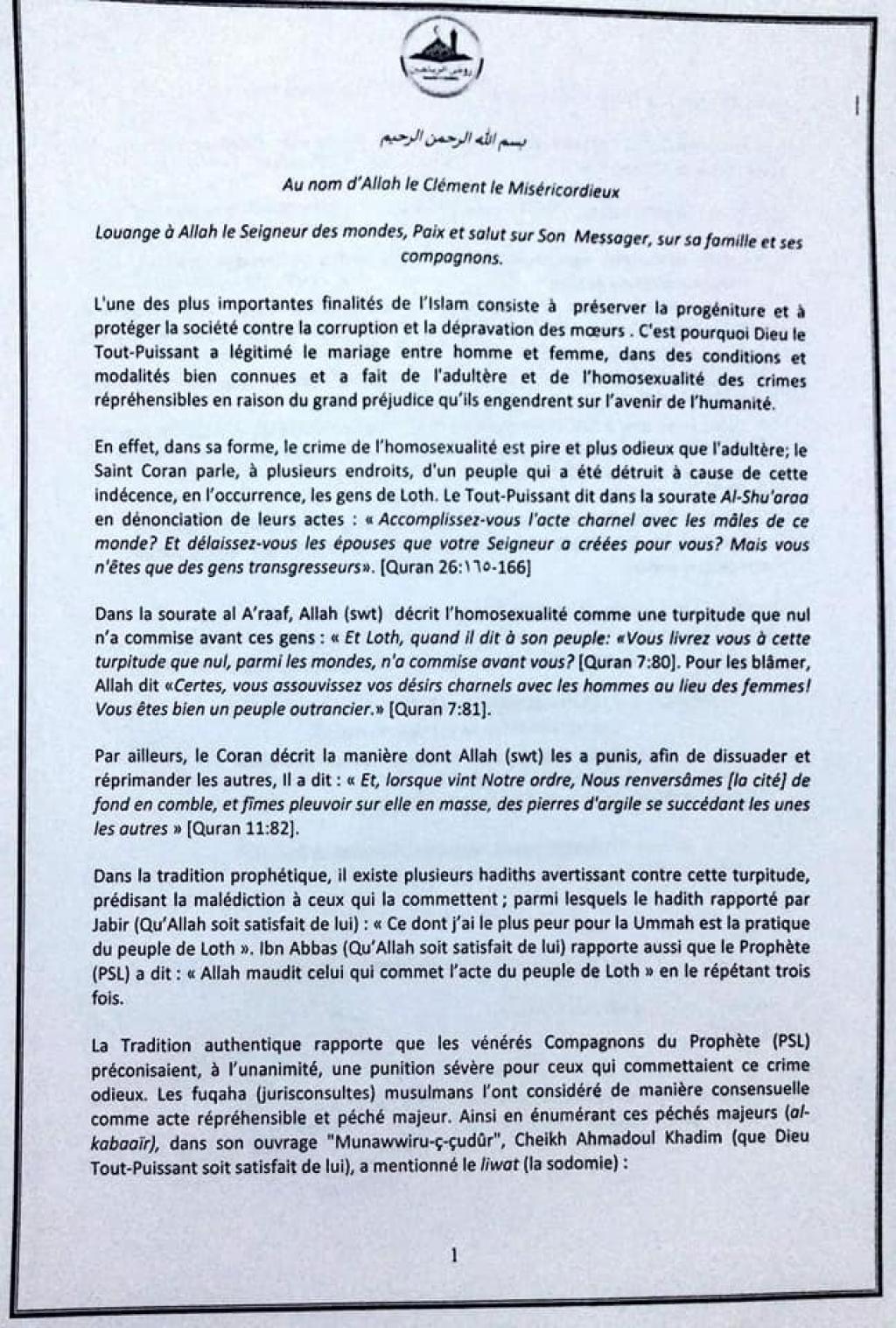 Homosexualité : Les recommandations du Khalif général des Mourides