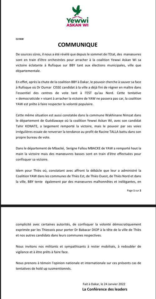 Elections locales : YAW soupçonne une tentative de hold up