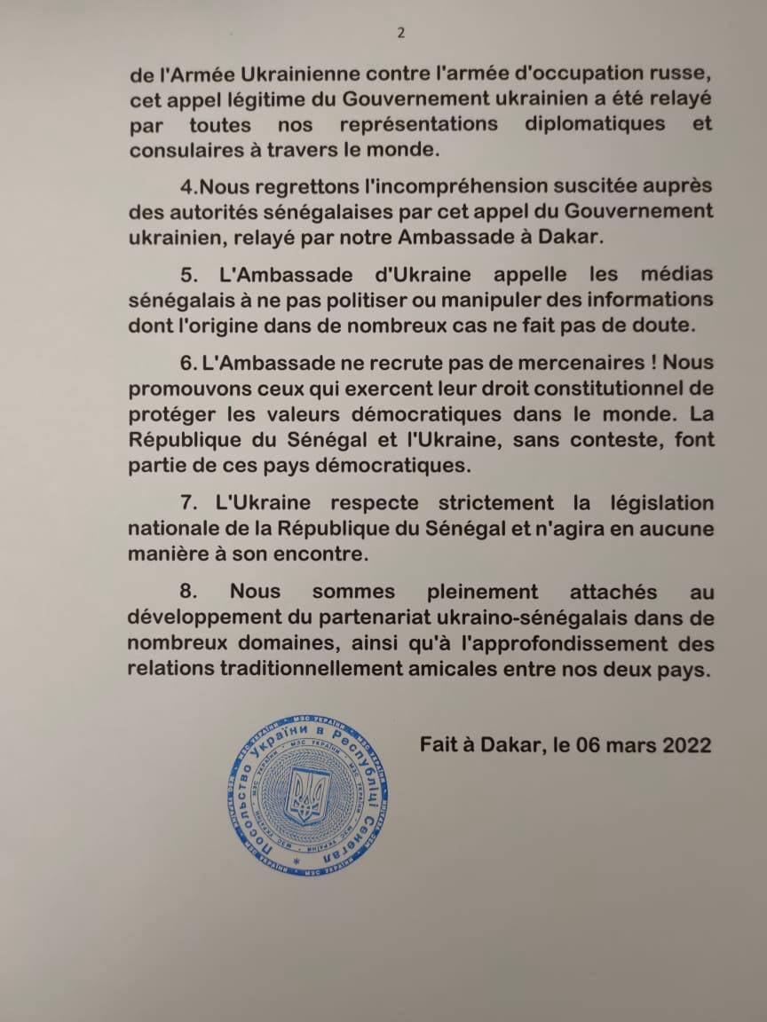 Recrutement de volontaire : « Un appel légitime du gouvernement ukrainien » selon l’ambassade de l’Ukraine au Sénégal