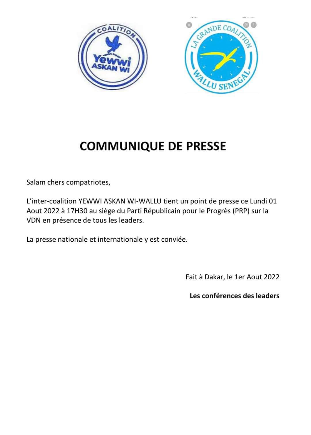 L'inter coalition Yèwwi- Wallu annonce une conférence de presse