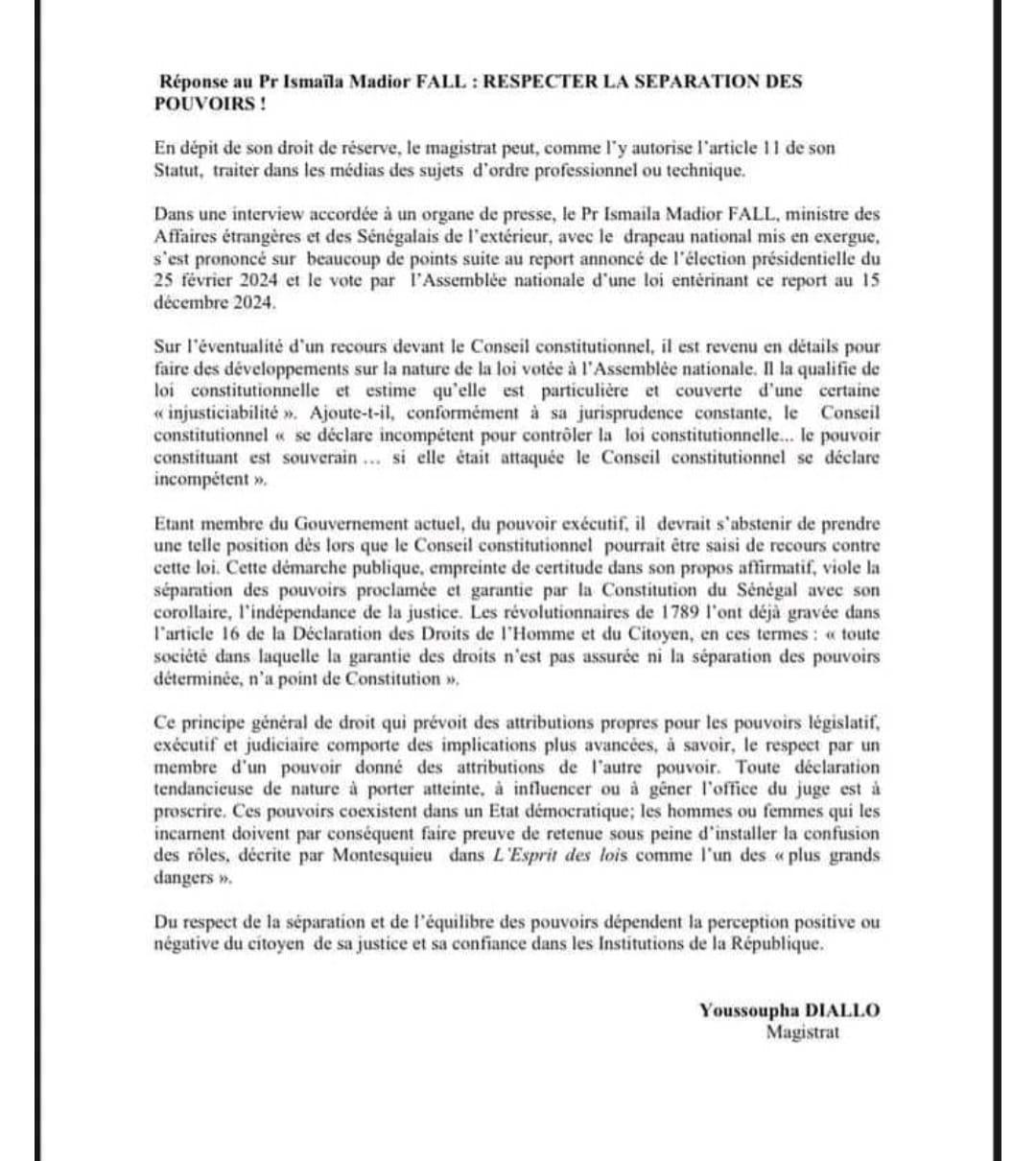 Report et recours : Le magistrat Youssoupha Diallo recadre Ismaila Madior Fall