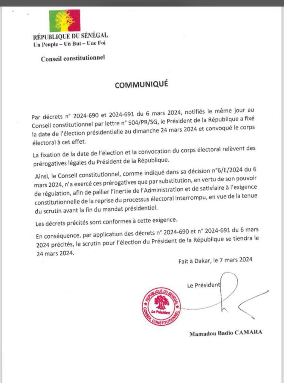 Date de la présidentielle : Le Conseil constitutionnel officialise la date du 24 mars