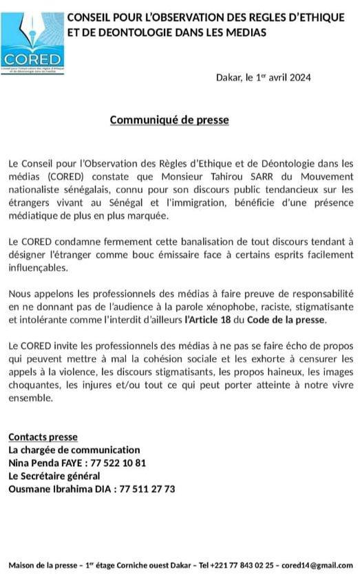 Le Cored met en garde contre les dérives de Tahirou Sarr