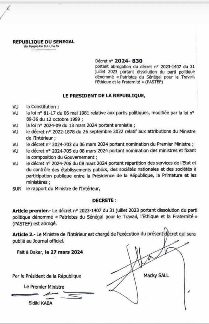 DISSOLUTION PASTEF : Macky avait signé le décret de réhabilitation avant de partir