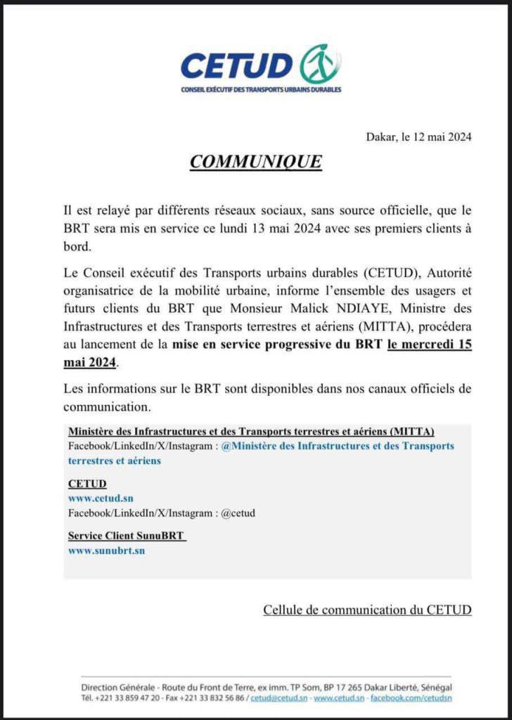 Mise en service progressive du BRT à partir du 15 MAI