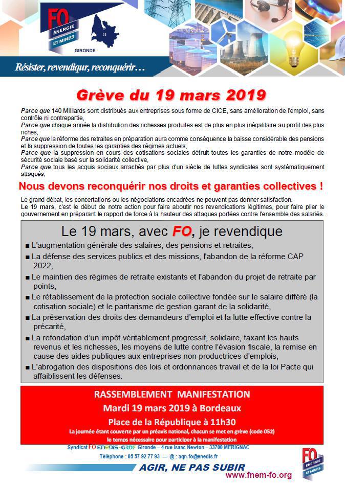 Appel à la grève du mardi 19 mars 2019