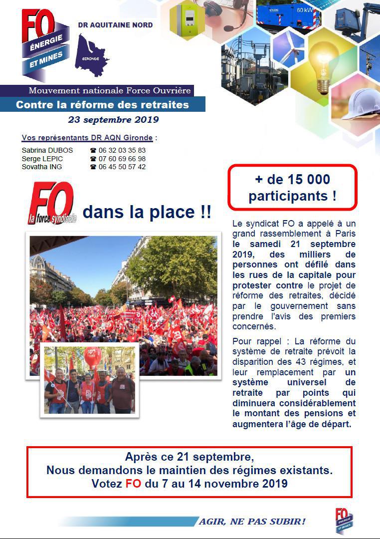 FO DR AQN à Paris contre la réforme des retraites le 21 septembre 2019