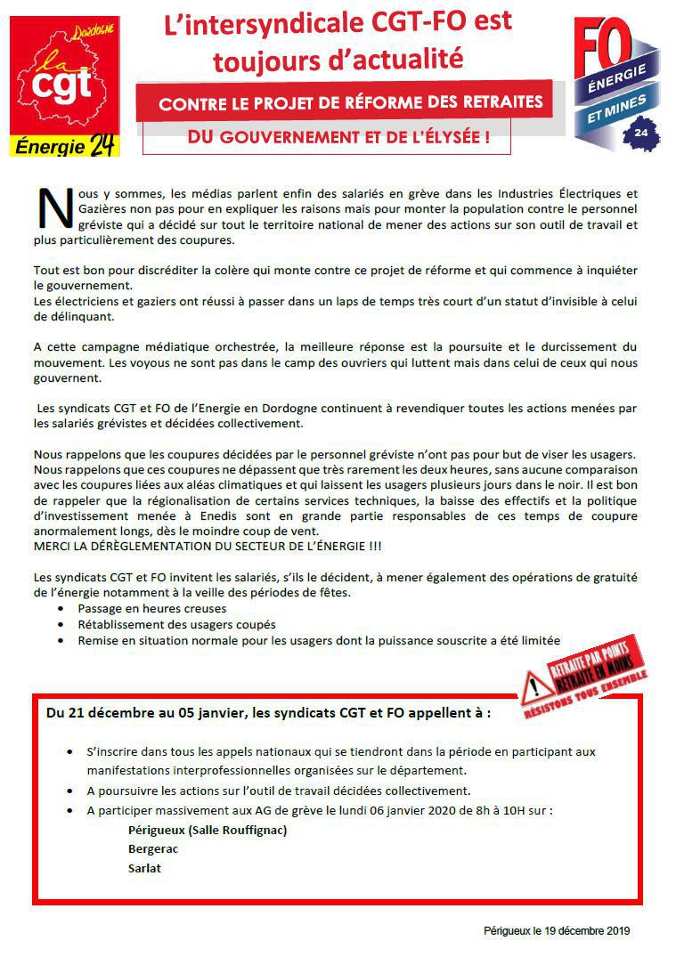 Dordogne : L'intersyndicale CGT FO est toujours d'actualité contre le projet de réforme des retraites