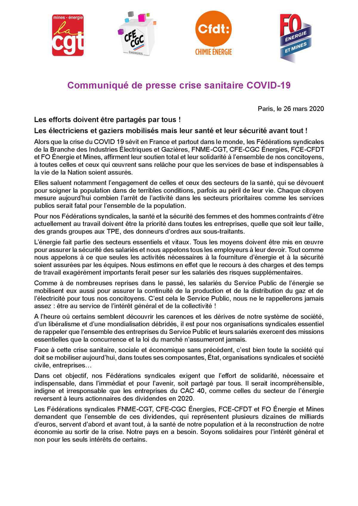 Interfédérale – Communiqué de Presse Crise Sanitaire COVID-19