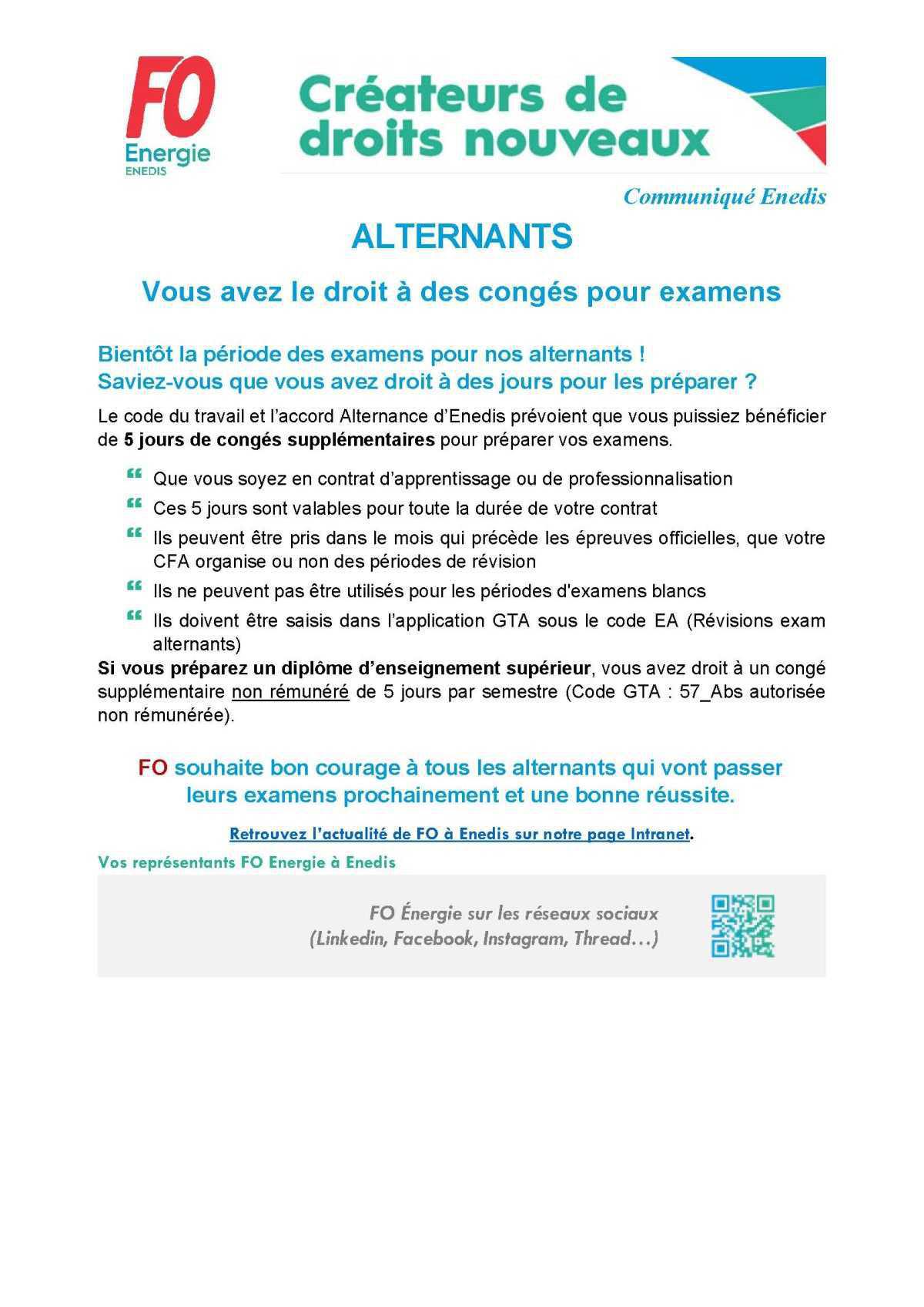 [Enedis] Alternants - Vous avez le droit à des congés pour examens