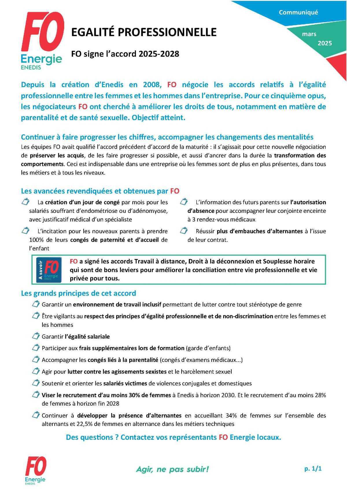 [Enedis] FO signe l’accord égalité professionnelle 2025-2028