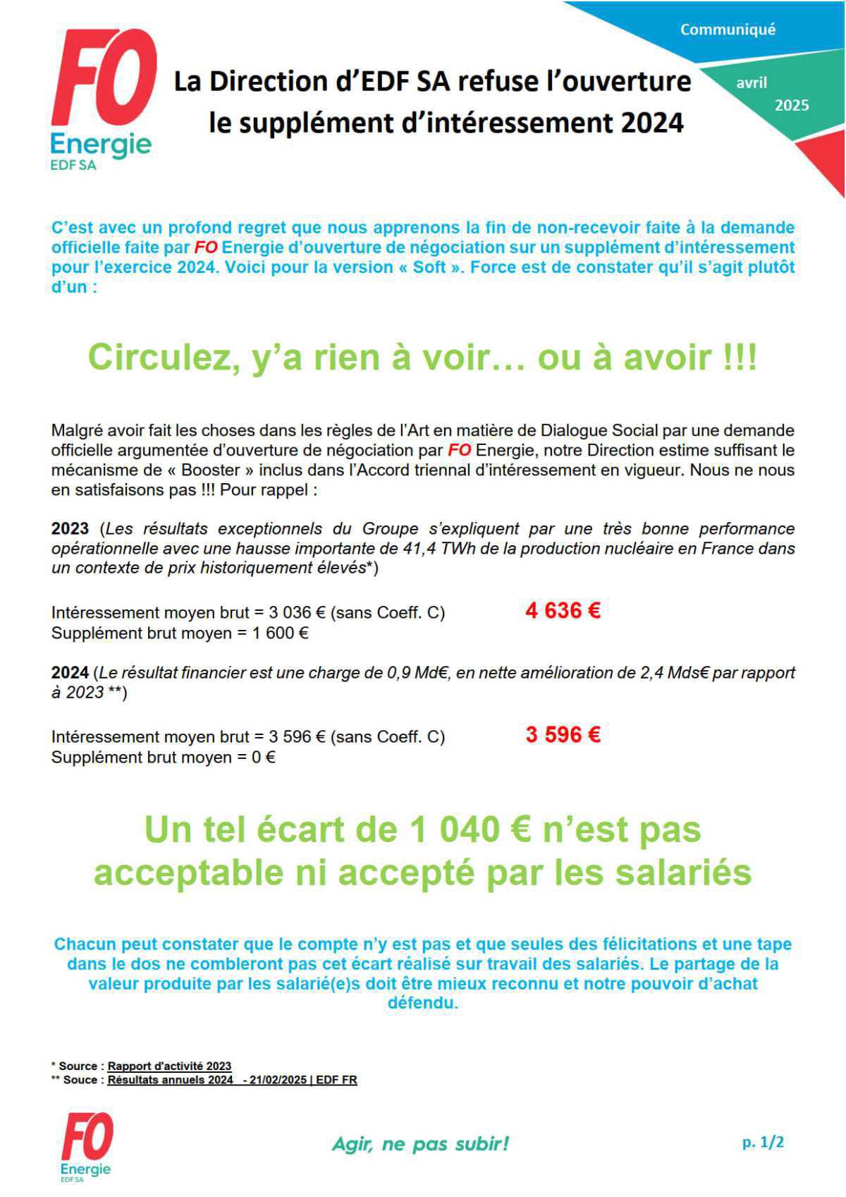 [EDF SA] La Direction d’EDF SA refuse l’ouverture du supplément d’intéressement 2024