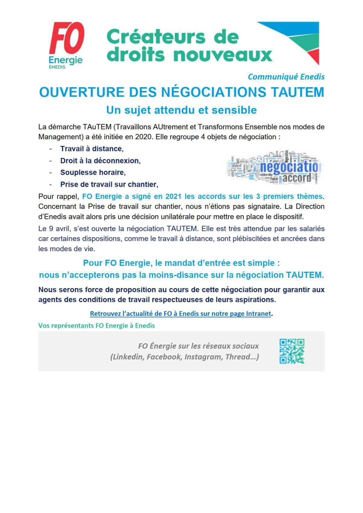 [Enedis] Ouverture des négociations TAUTEM - Un sujet attendu et sensible