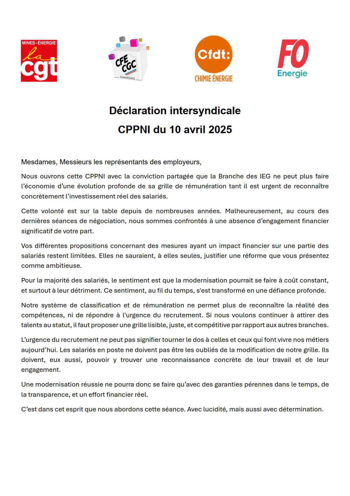 CPPNI Branche des IEG - Séance du 10 avril 2025 - Déclaration intersyndicale