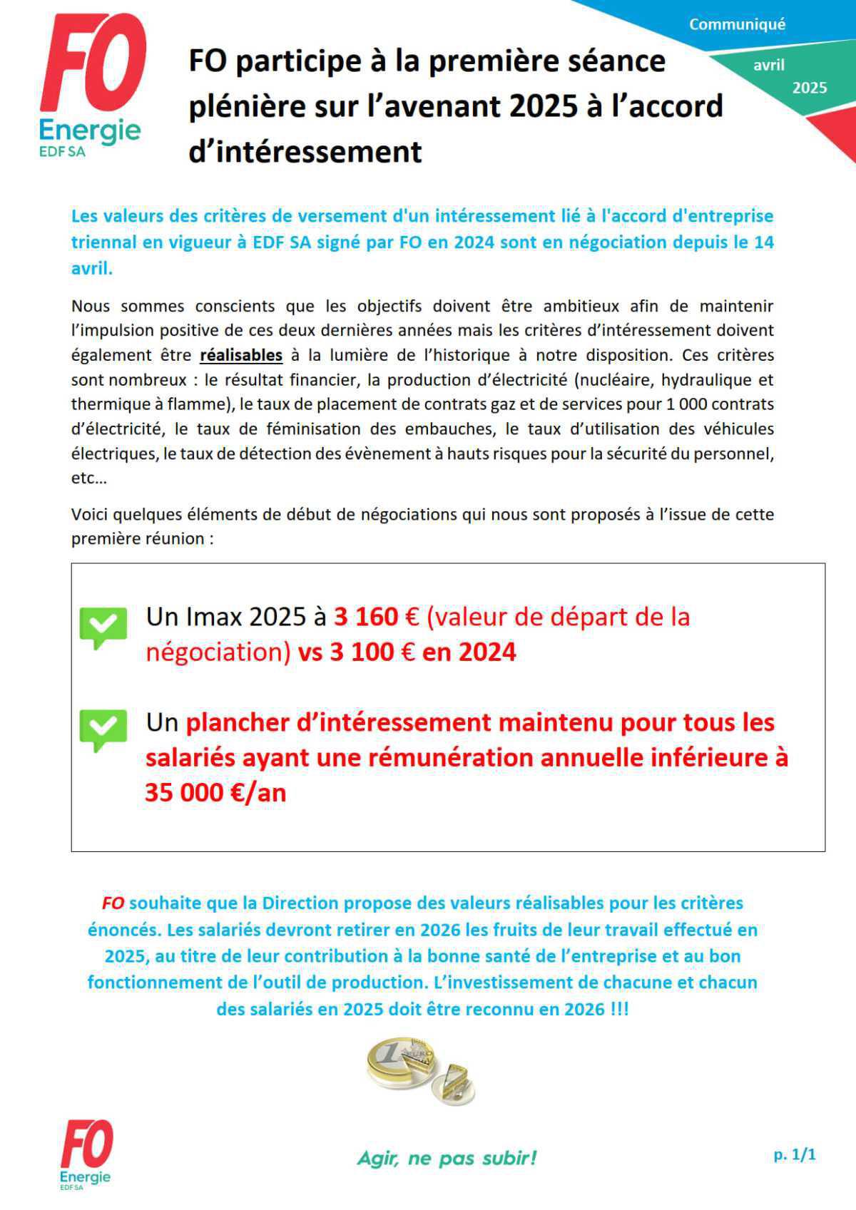 [EDF SA] FO participe à la première séance plénière sur l’avenant 2025 à l’accord d’intéressement