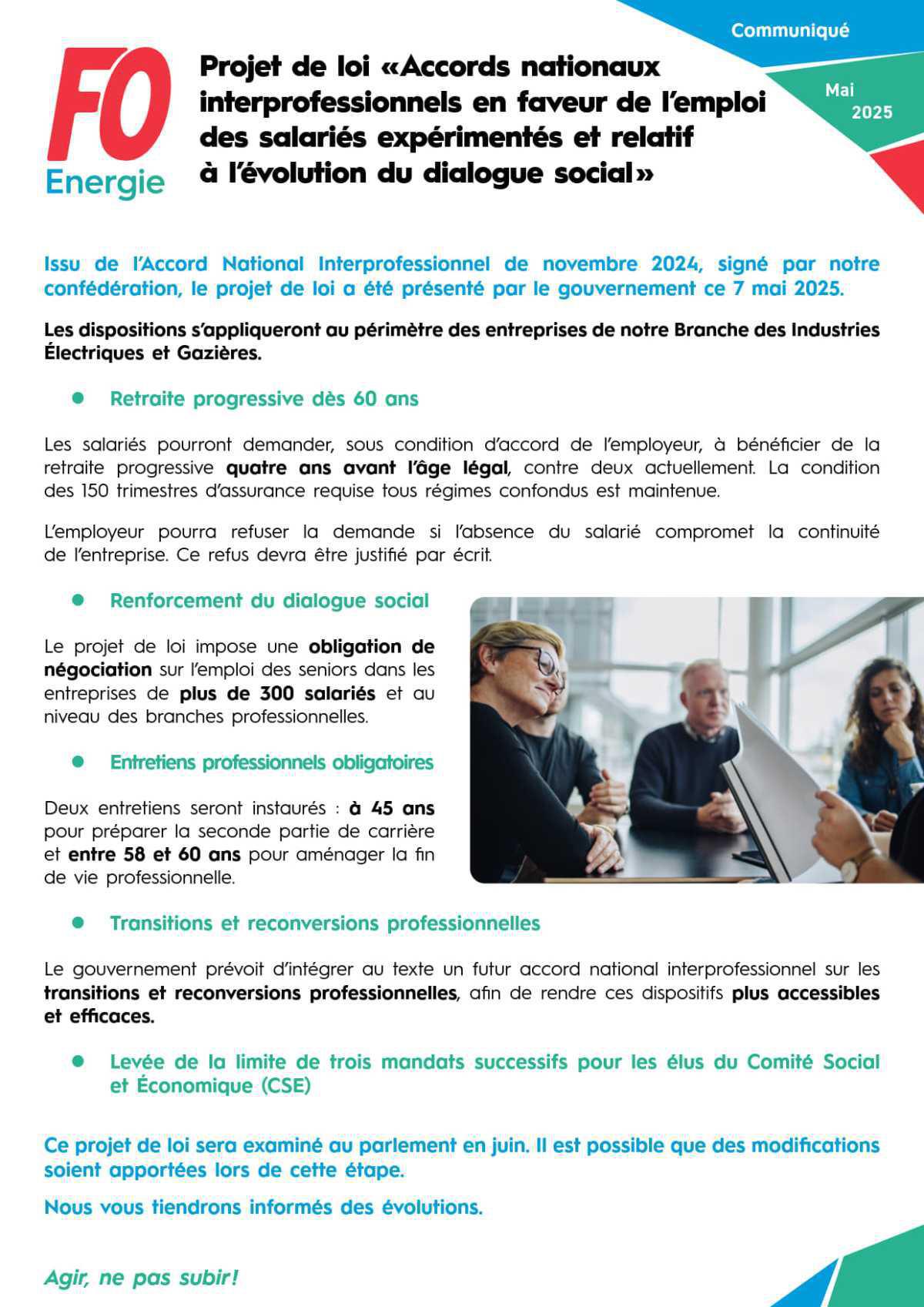 [Branche] Projet de loi « Accords nationaux interprofessionnels en faveur de l’emploi des salariés expérimentés et relatif à l’évolution du dialogue social »