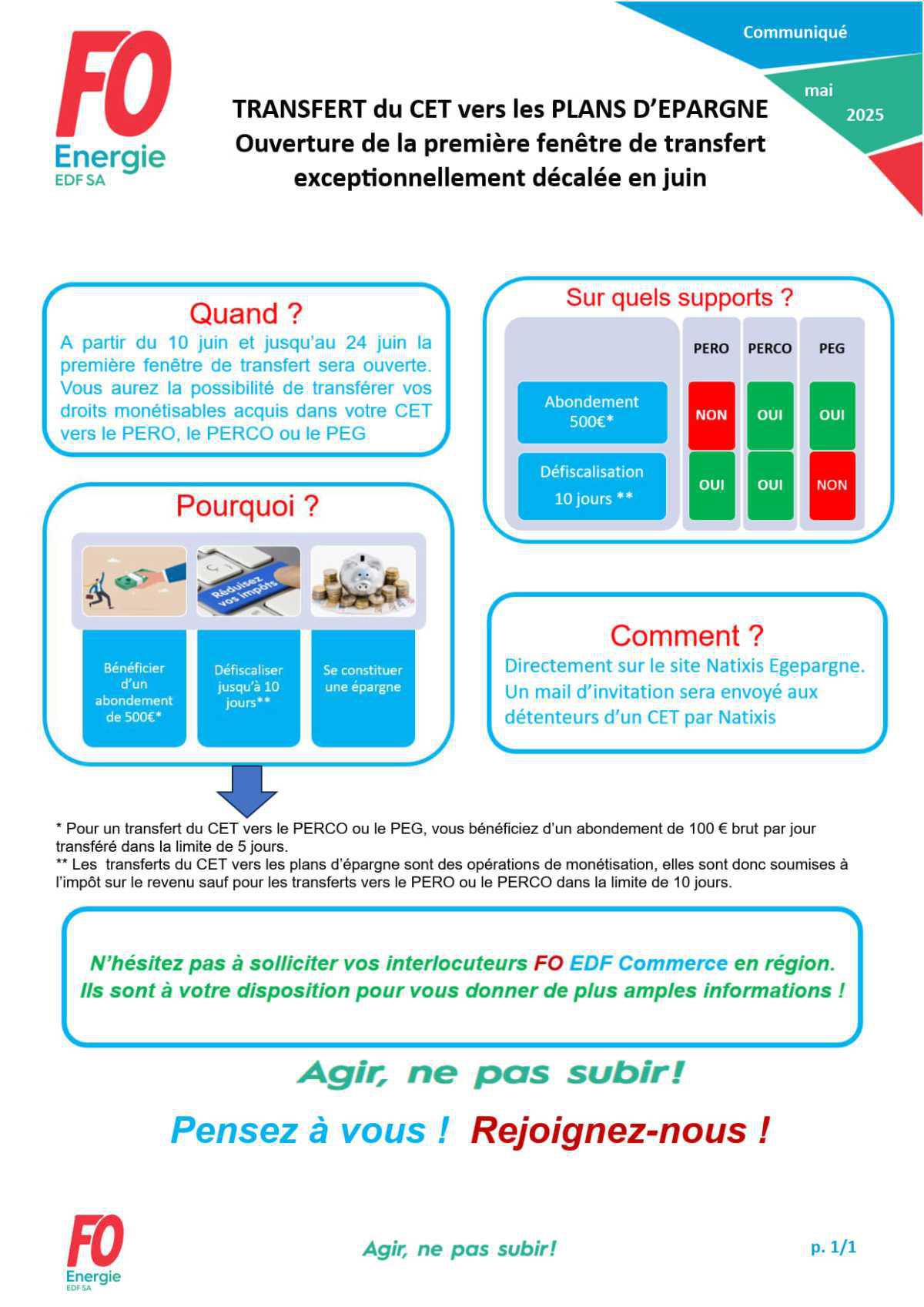 [EDF SA] Transfert du CET vers les plan d'épargne – Ouverture de la 1ère fenêtre de transfert exceptionnellement décalée en juin