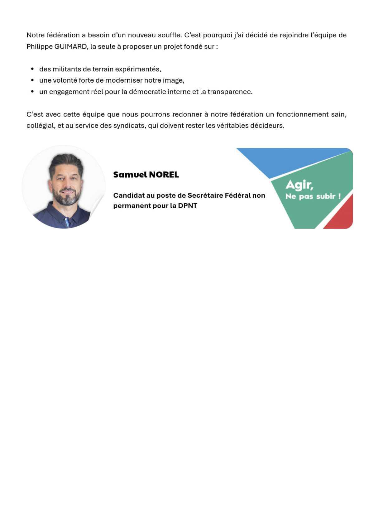 [Congrès 2025] Samuel NOREL, Candidat au poste de Secrétaire Fédéral non permanent pour la DPNT