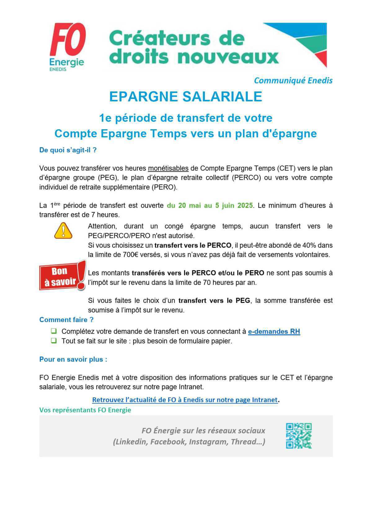 [Enedis] Epargne Salariale – Première période de transfert de votre CET vers un plan d’épargne