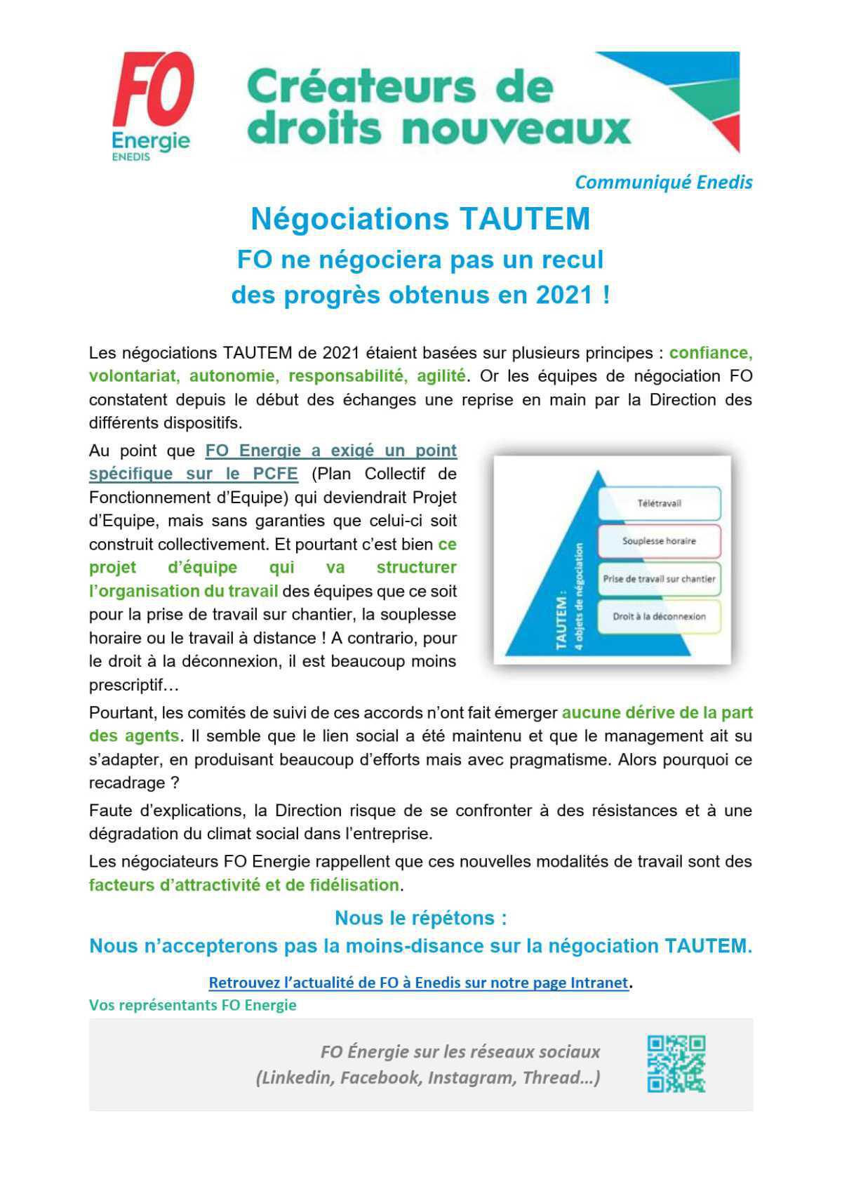 [Enedis] Négociations TAUTEM - FO ne négociera pas un recul des progrès obtenus en 2021 !
