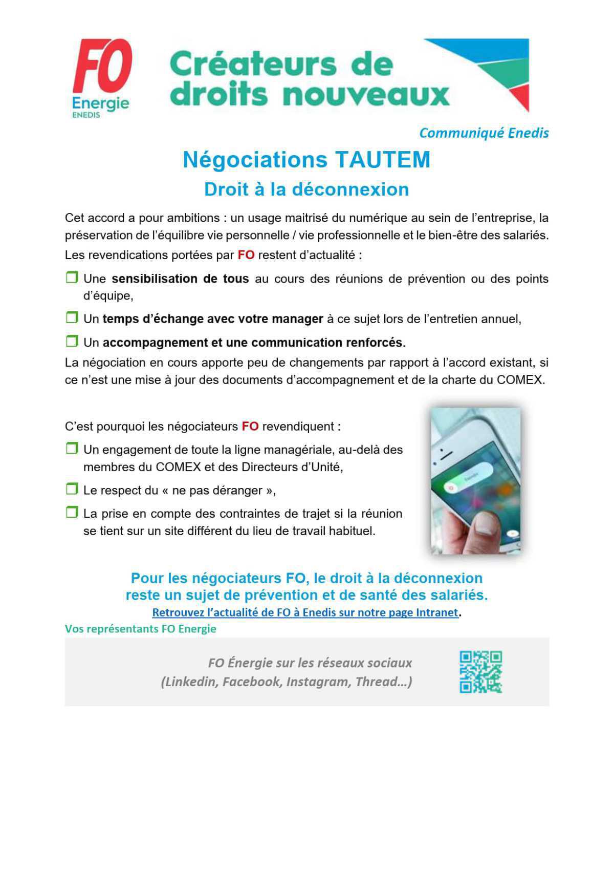 [Enedis] Négociations TAUTEM – Droit à la déconnexion
