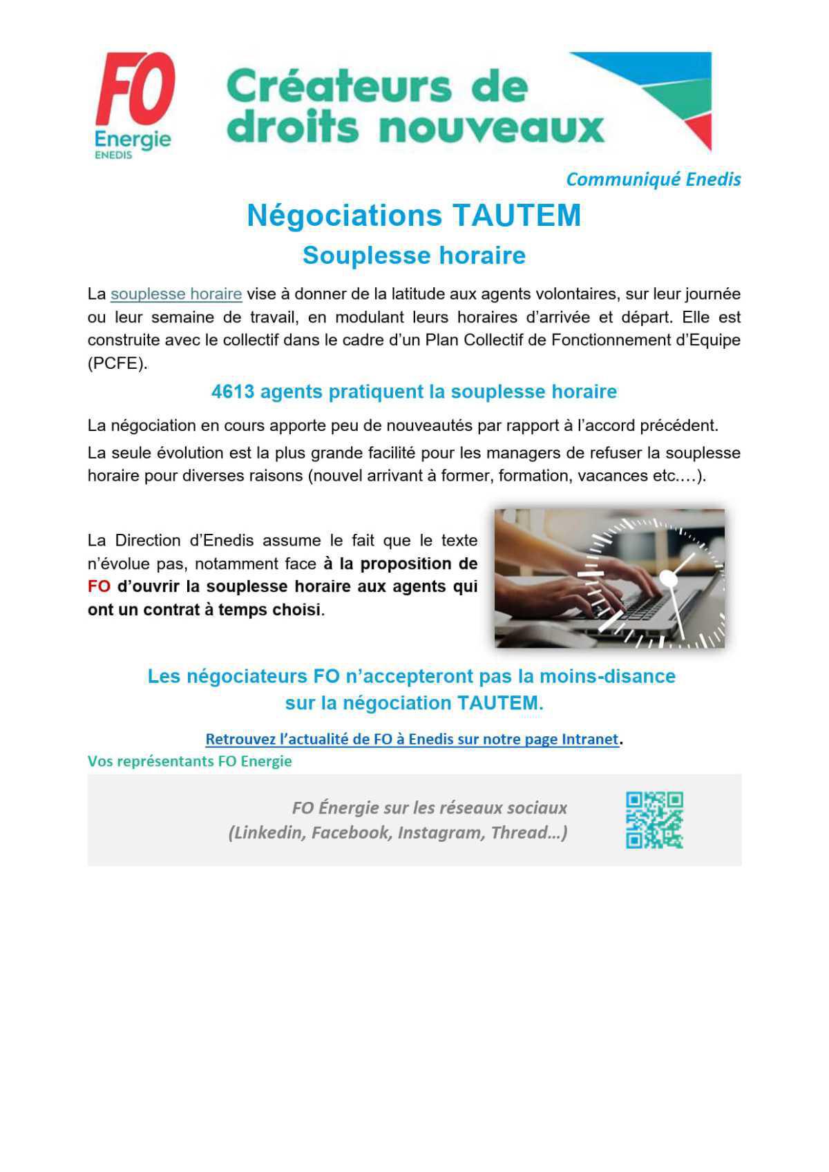 [Enedis] Négociations TAUTEM - Souplesse horaire