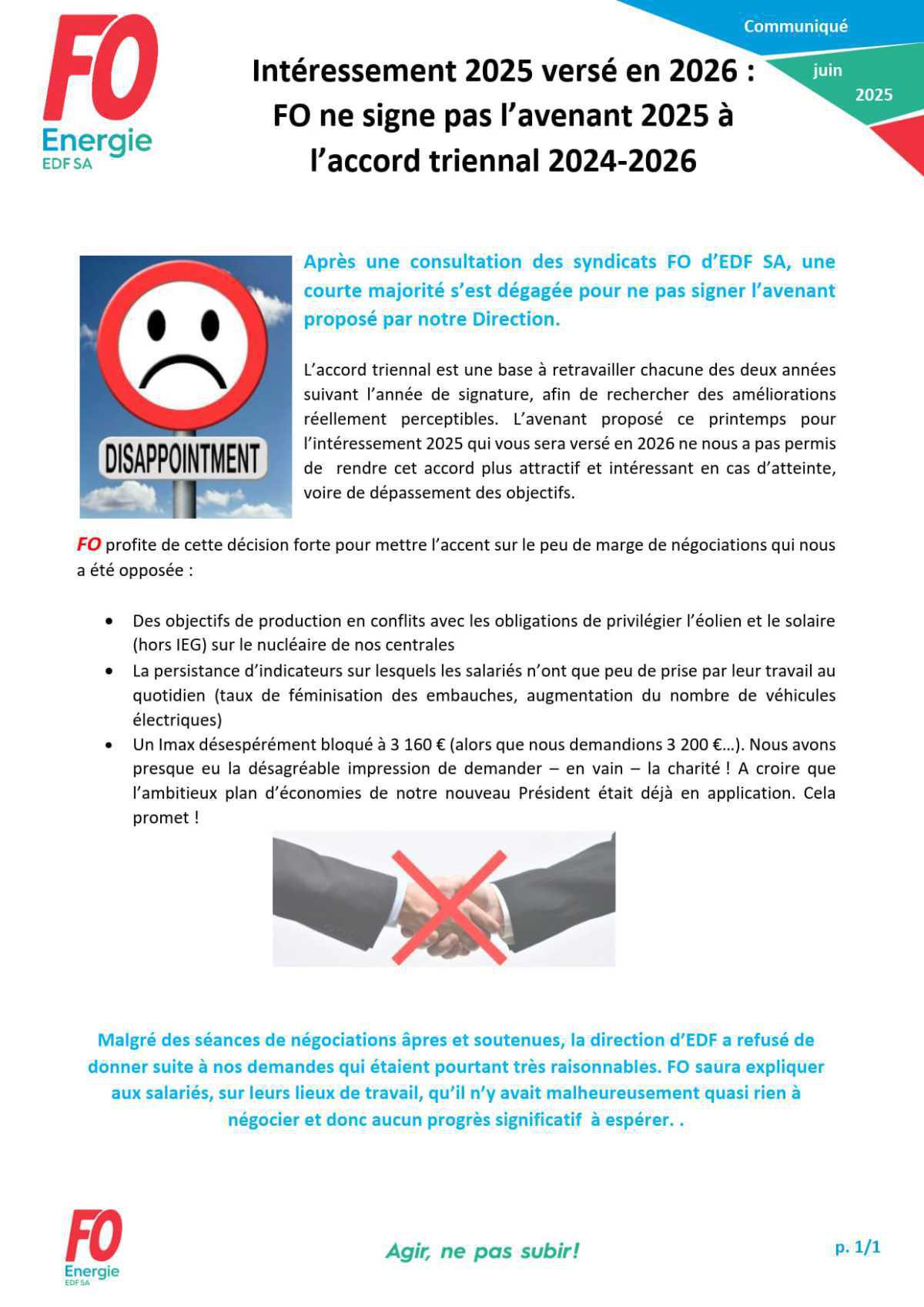 [EDF SA] Intéressement 2025 versé en 2026 - FO ne signe pas l’avenant 2025 à l’accord triennal 2024-2026