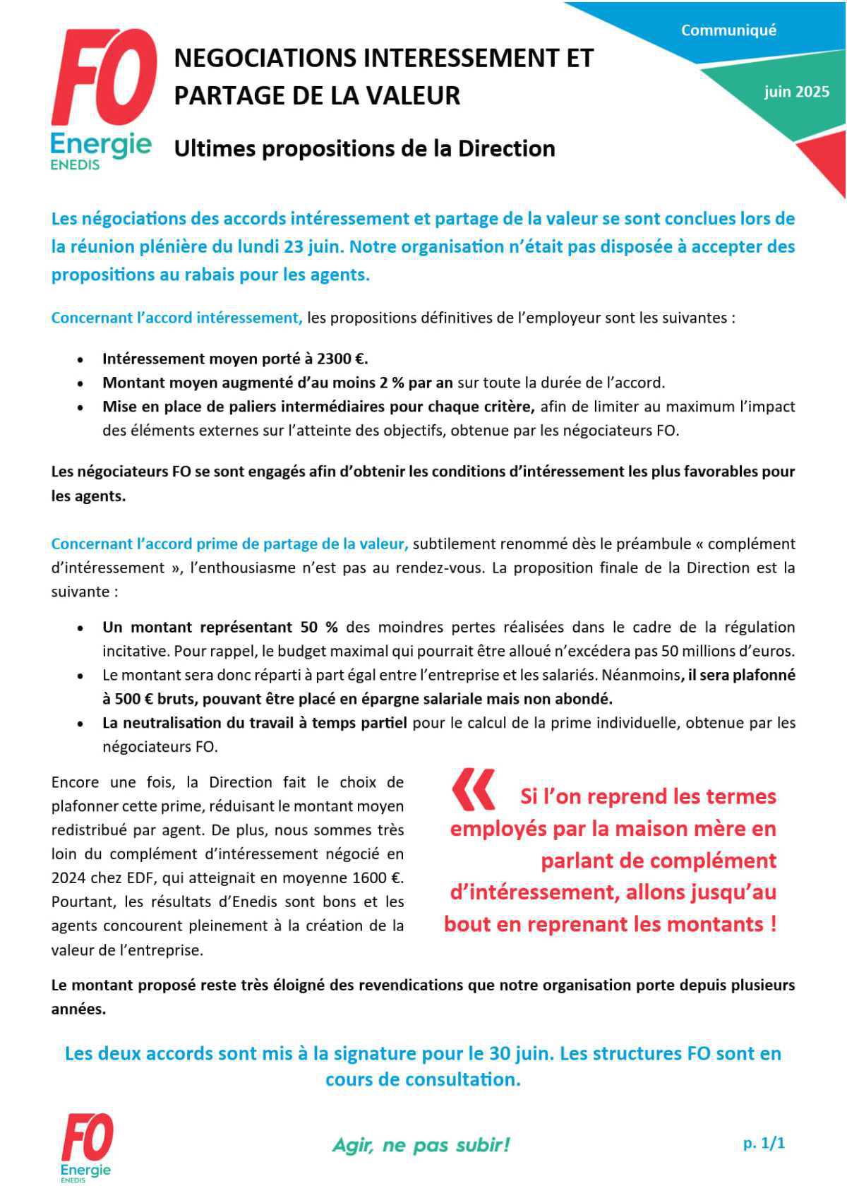 [Enedis] Négociations intéressement et partage de la valeur - Ultimes propositions de la Direction