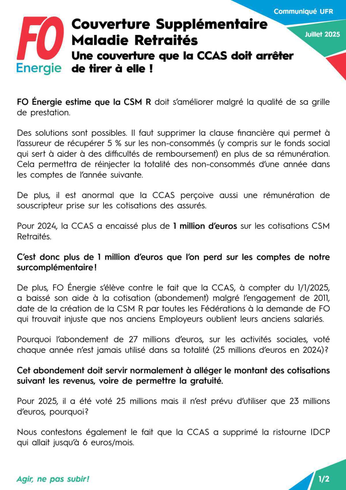 [UFR] Couverture Supplémentaire Maladie Retraités - Une couverture que la CCAS doit arrêter de tirer à elle !