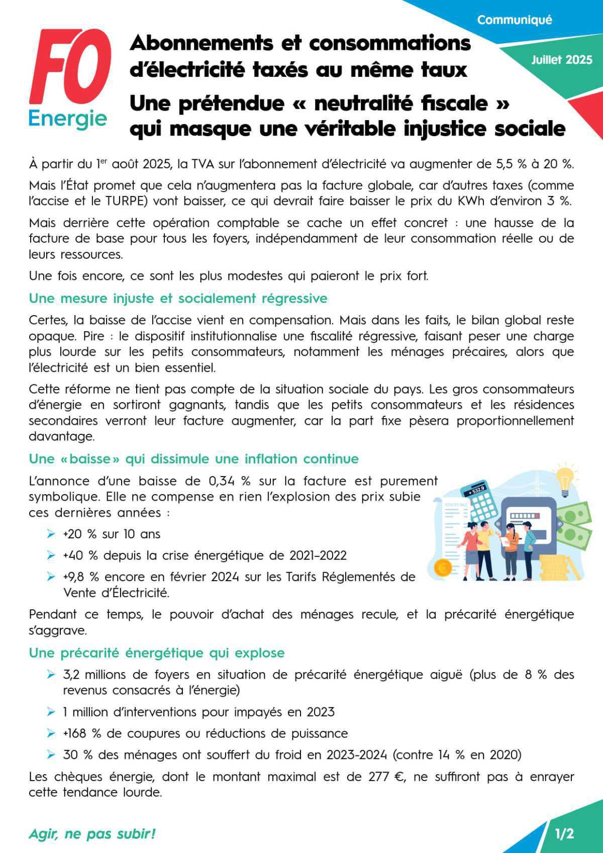 Abonnements et consommation d’électricité taxés au même taux : Une prétendue « neutralité fiscale » qui masque une véritable injustice sociale