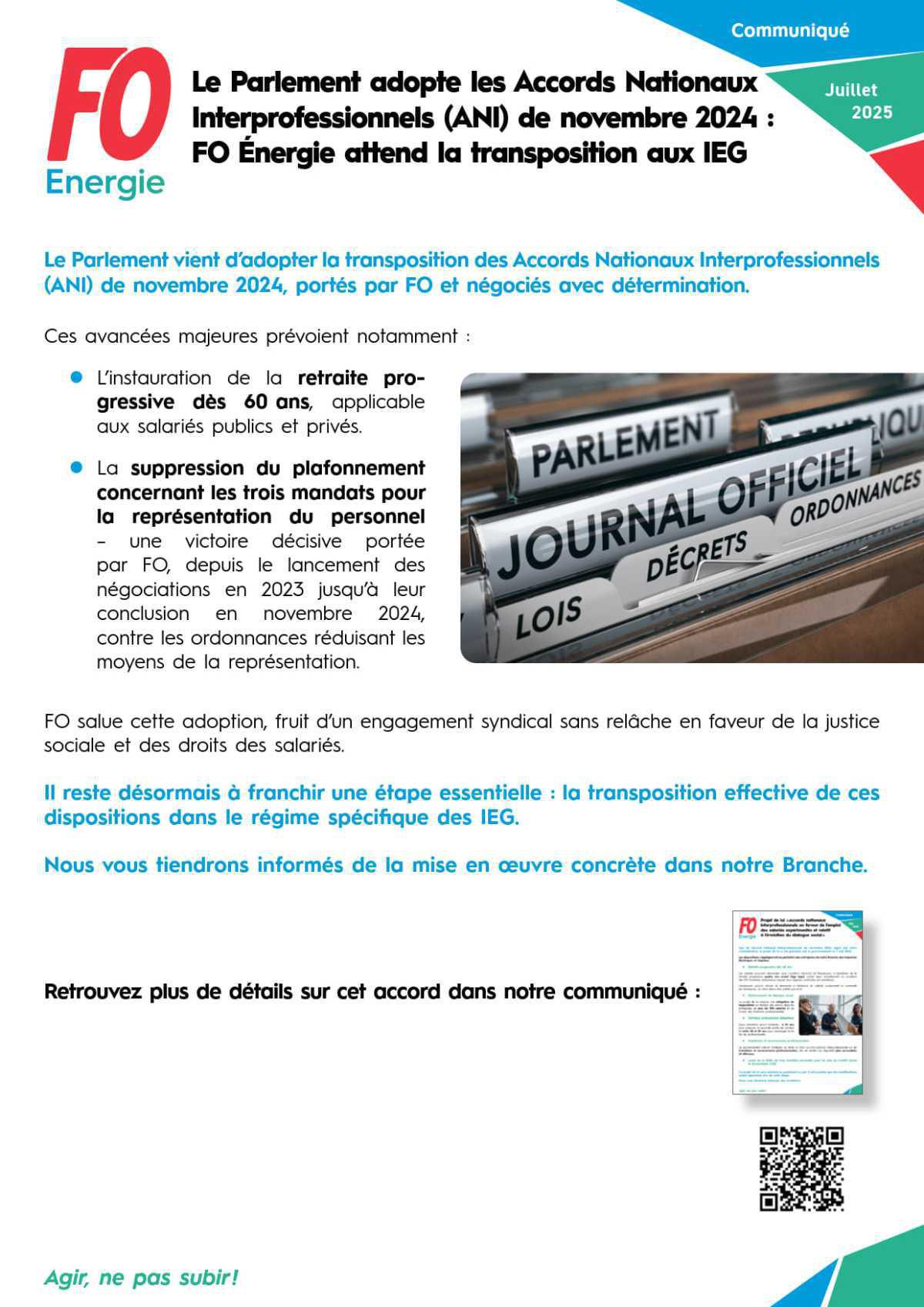 Le Parlement adopte les Accords Nationaux Interprofessionnels (ANI) de novembre 2024 - FO Énergie attend la transposition aux IEG