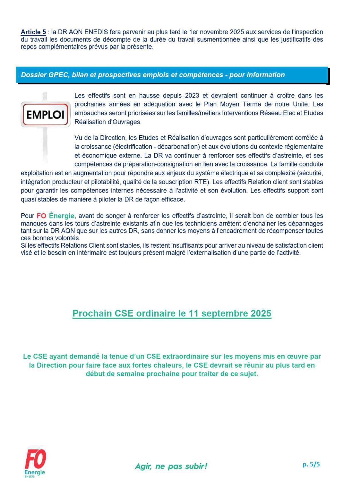 [FO Énergie AQN] Comité Social et Économique - Réunion du 9 juillet 2025