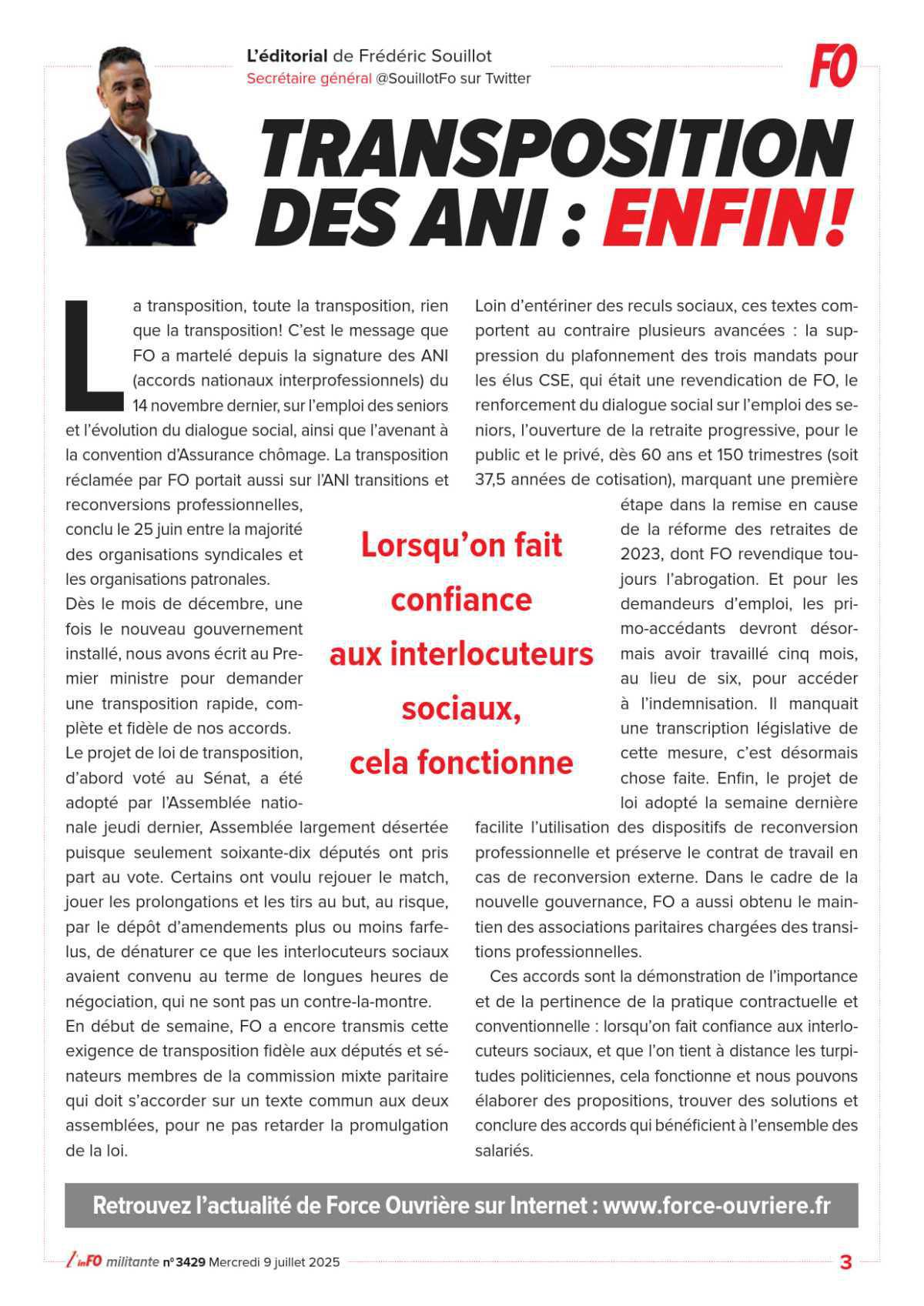 L’édito de Frédéric Souillot - Transposition des ANI : enfin !