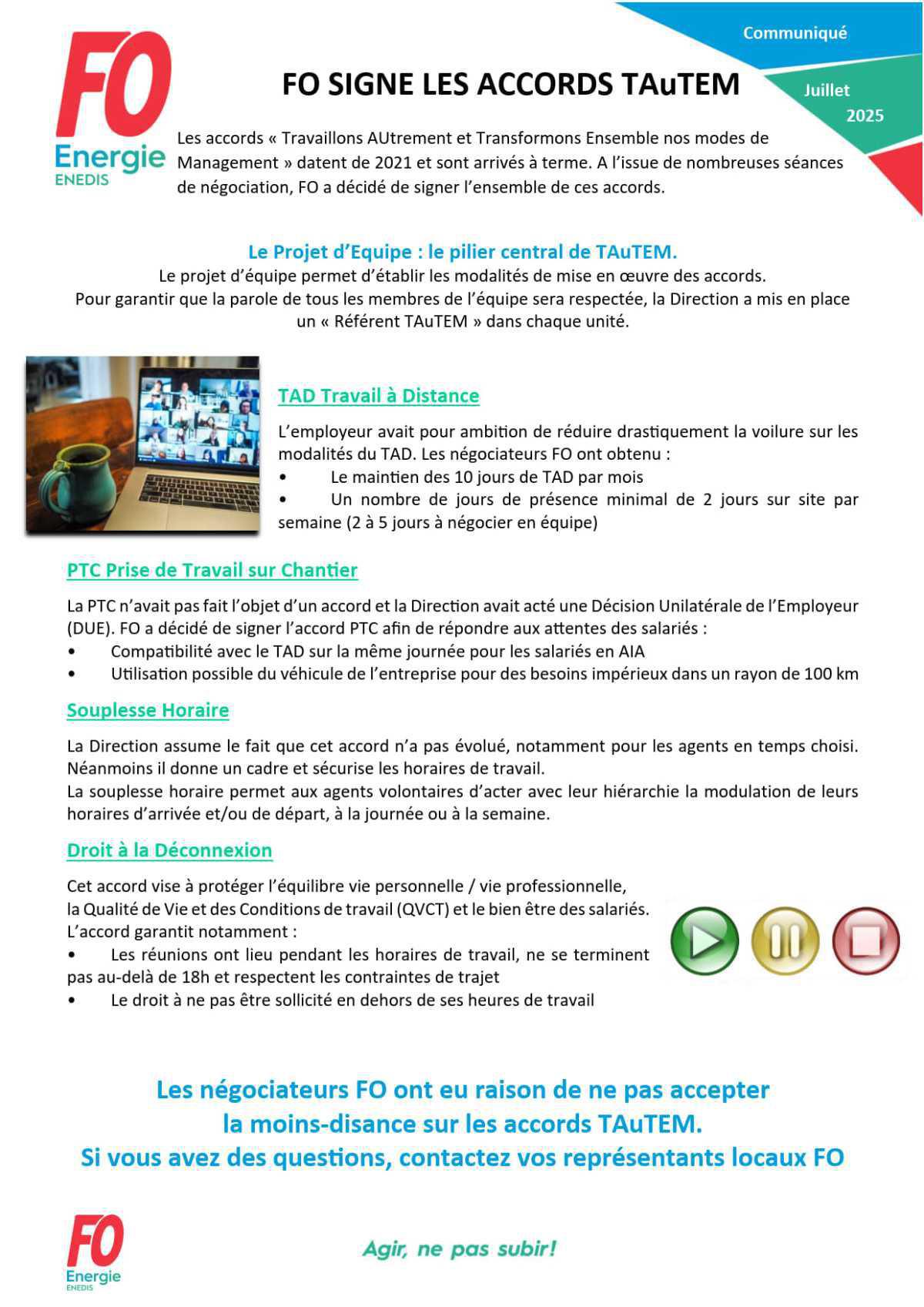[Enedis] FO signe les accords TAUTEM