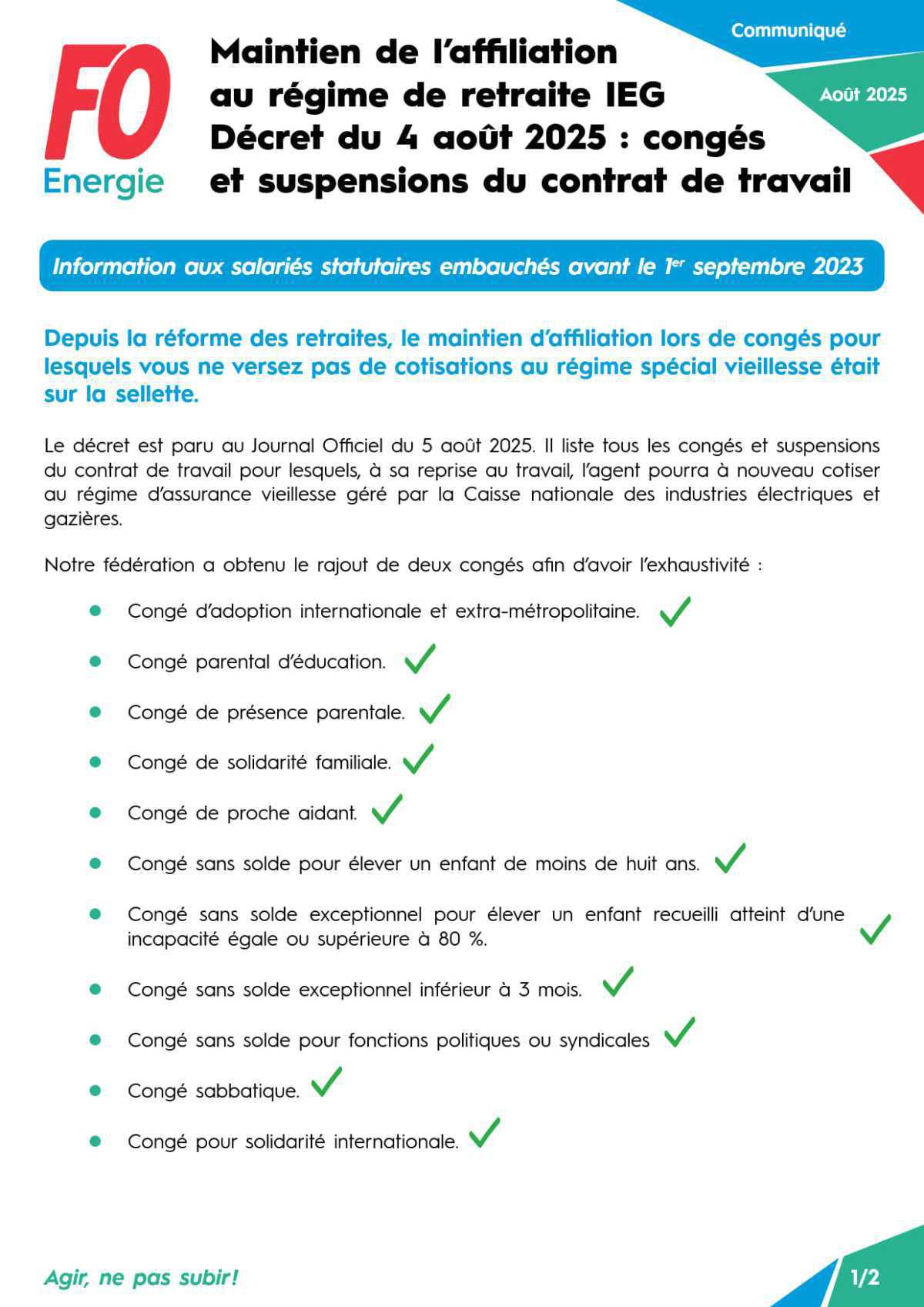 [Maintien de l’affiliation au régime de retraite IEG] Décret du 4 août 2025 - Congés et suspensions du contrat de travail