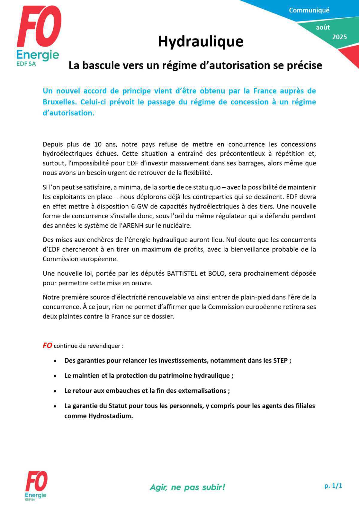 [EDF SA] Hydraulique - La bascule vers un régime d’autorisation se précise