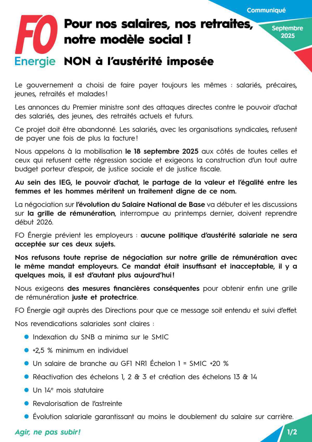 Pour nos salaires, nos retraites, notre modèle social ! NON à l’austérité imposée