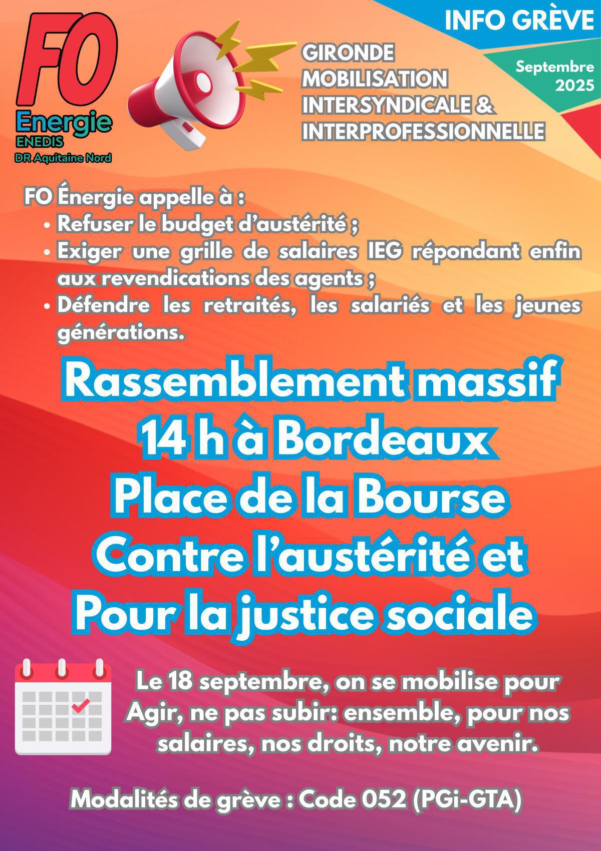 [FO Energie Gironde] Appel intersyndical à une mobilisation massive le 18 septembre