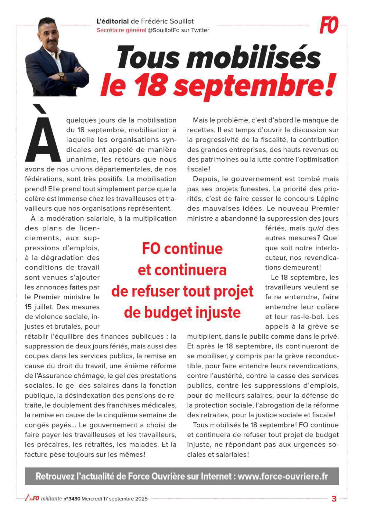 L’édito de Frédéric Souillot - Tous mobilisés le 18 septembre !