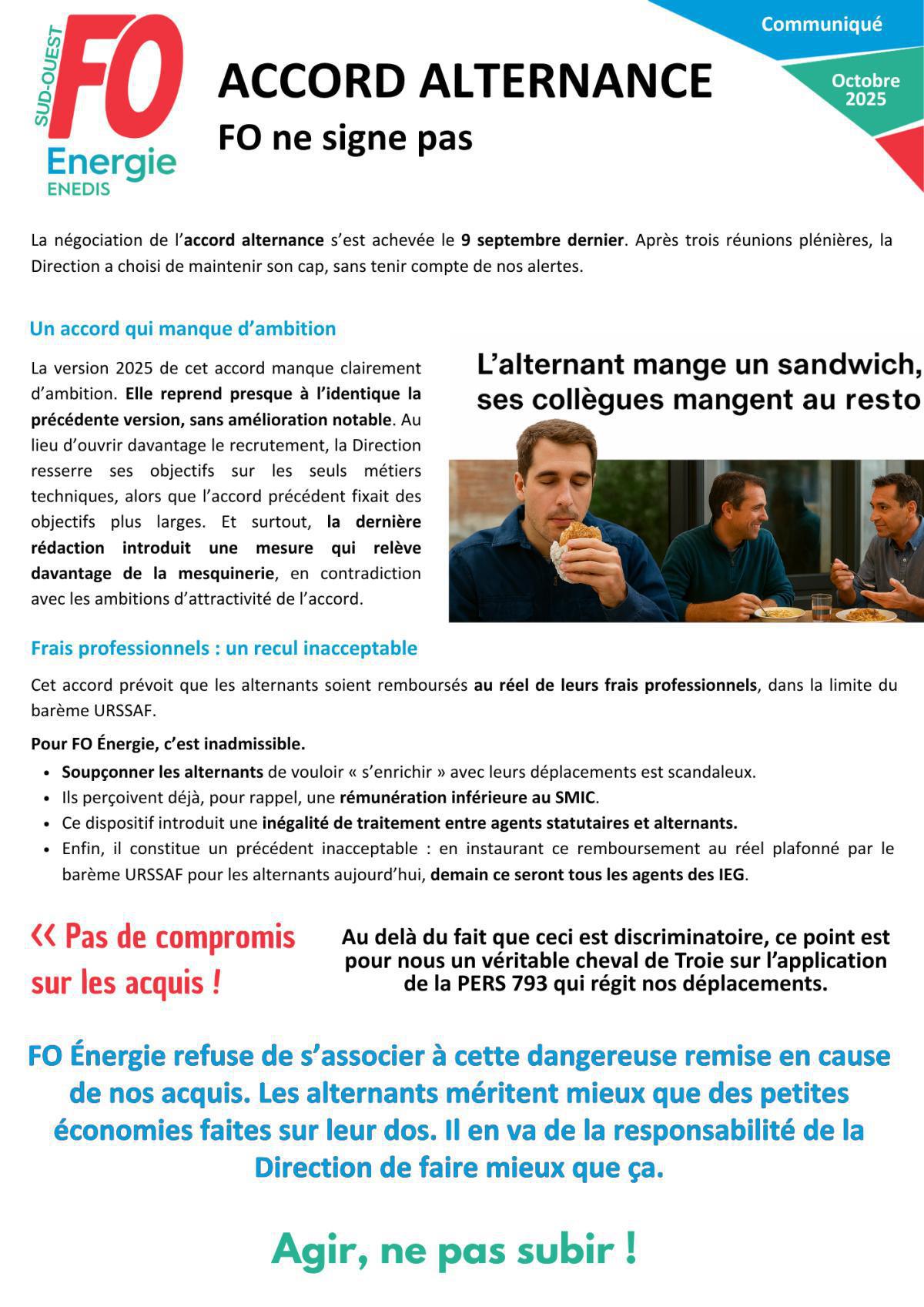 [FO Énergie Sud-Ouest] Accord alternance - FO ne signe pas